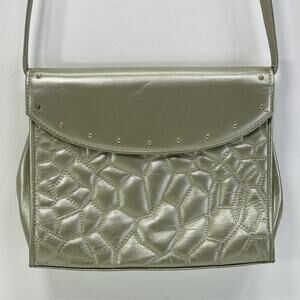 Vtg Charles Jourdan Purse S Metal Pewter Gold Studs Quilted Leather Shoulder Bag